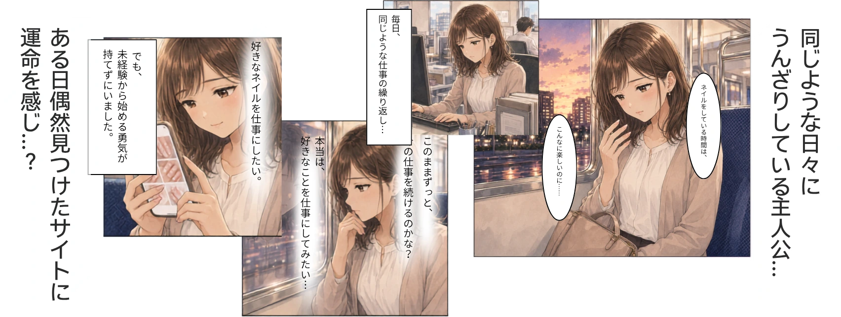 毎日の仕事にうんざりしていた主人公が、ネイルを仕事にしたいと思いスクールを見つけるまでの漫画